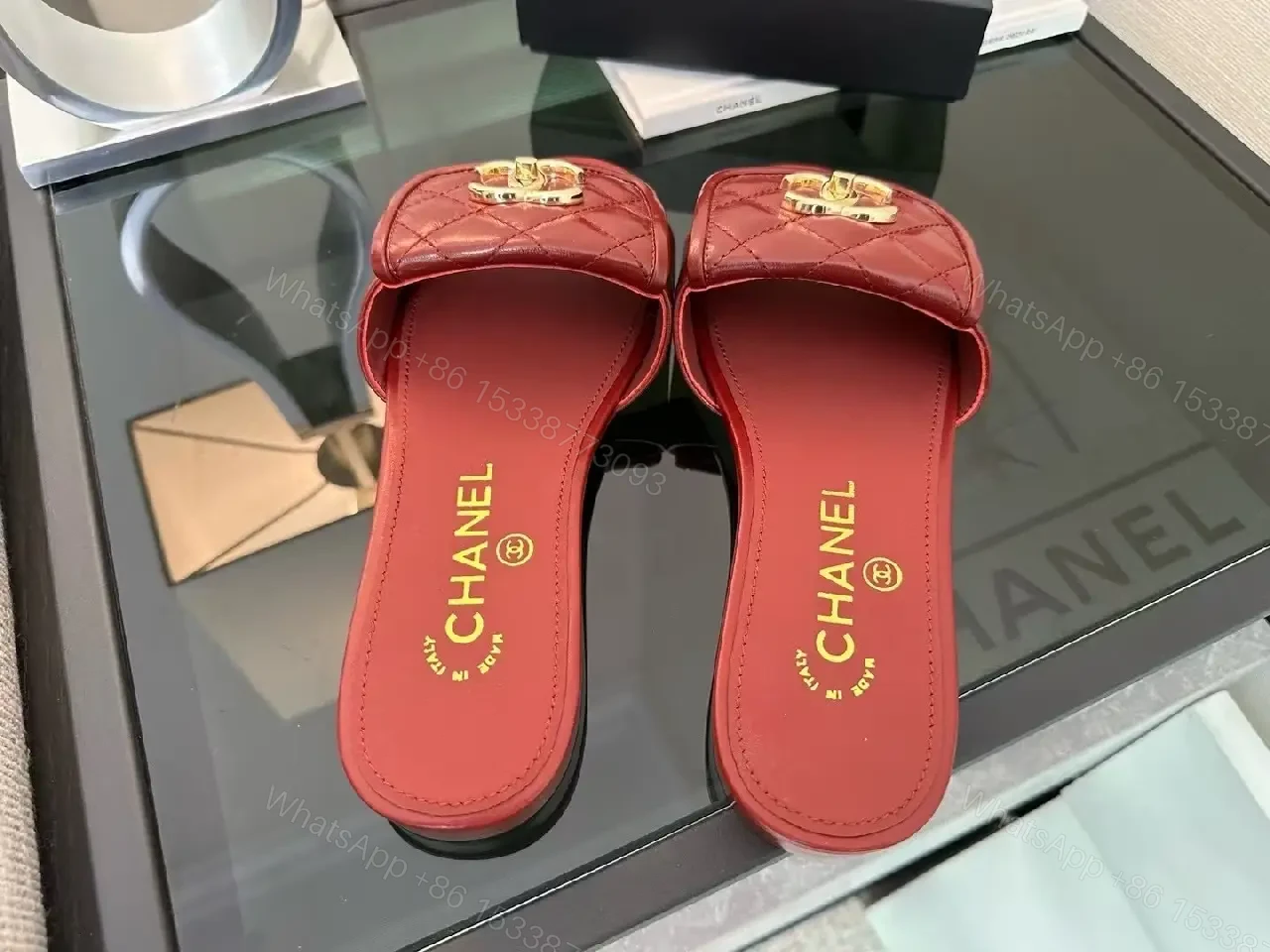 View 10 of Velvet Red Slides with Gold Hardware – Luxe Comfort