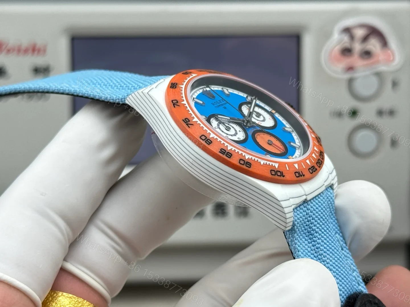 View 6 of Rolex Daytona Carbon Fiber Replica 40MM Exclusive Blue Dial Orange Bezel Fabric Strap R74 RG-ROLEX-DAYTONA