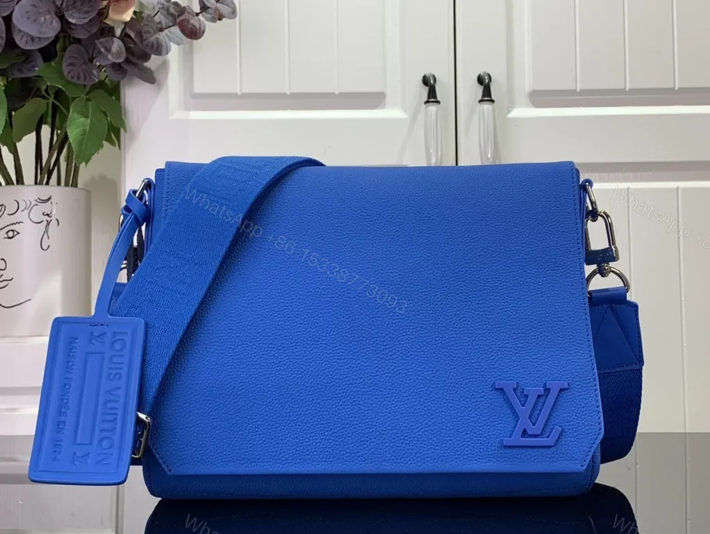 Bold Blue Crossbody: Textured Leather, LV-inspired Monogram Bag — view 1