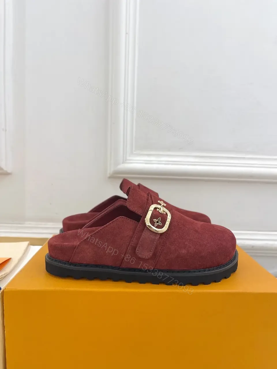 View 4 of Burgundy Suede Slipper Mule with Gold Buckle