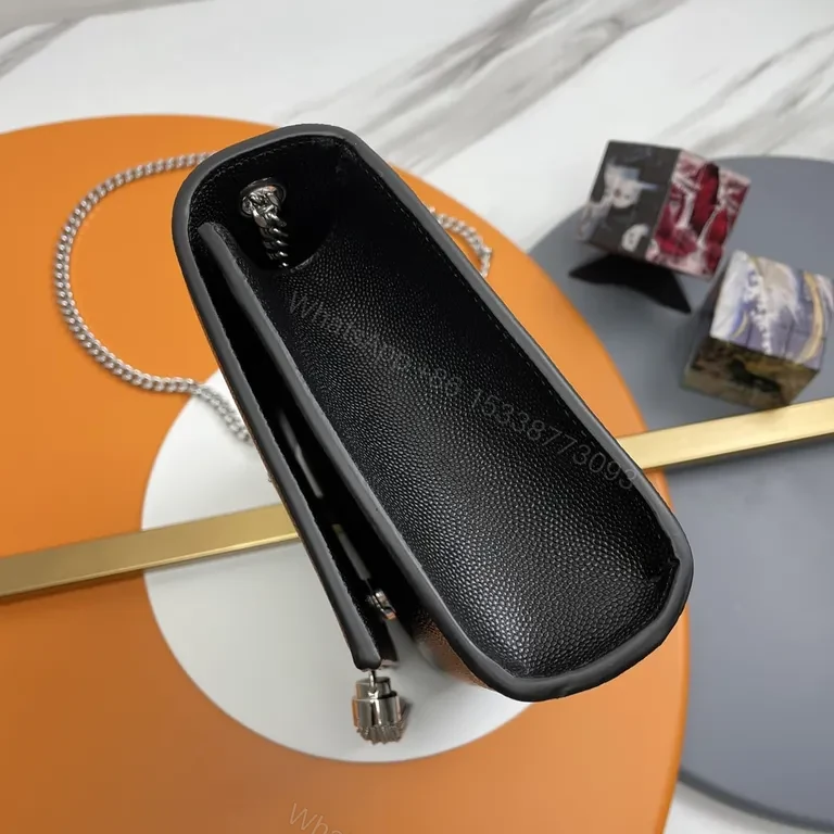 View 9 of Chic Black Leather Clutch: Silver YSL-Inspired Emblem, Chain