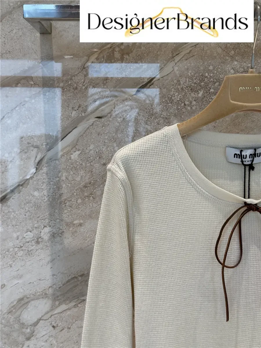 View 4 of Miu Miu Beige Waffle-Knit Cotton Long-Sleeve T-Shirt