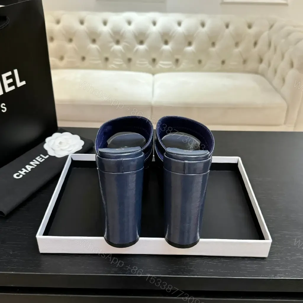 View 8 of Blue Leather Platform Mules with Logo Hardware, Sculpted Heel
