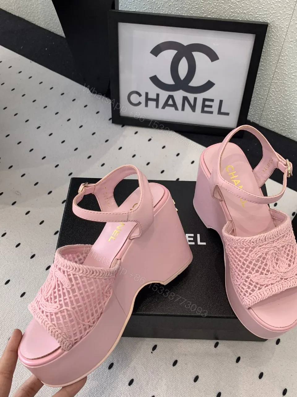View 7 of Pink Knit-strap Platform Sandals with Pave Textured Sole