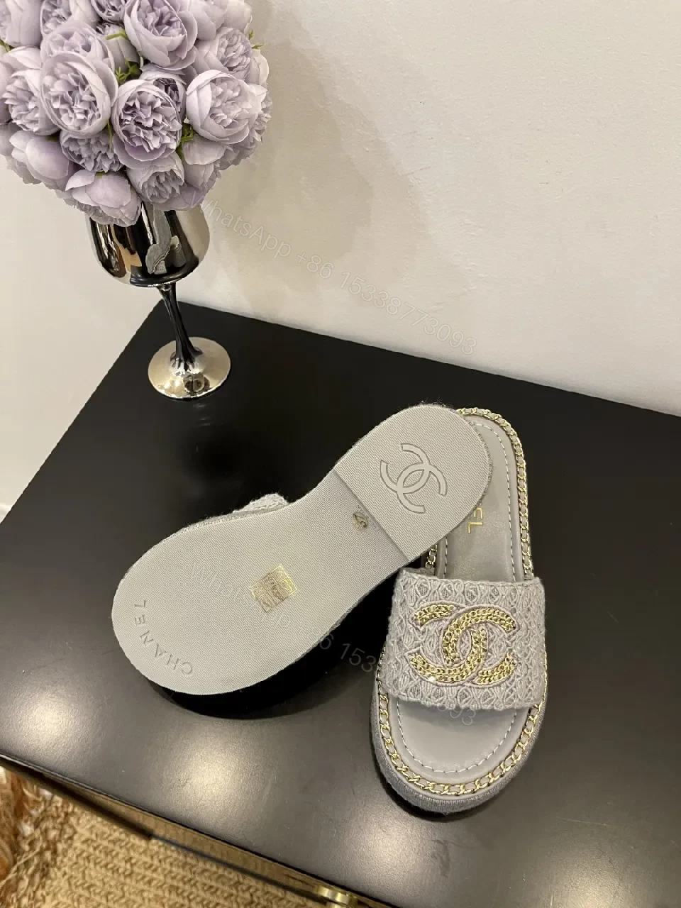 View 2 of Neutral Textile Slip-Ons with Gold-Chain Edge