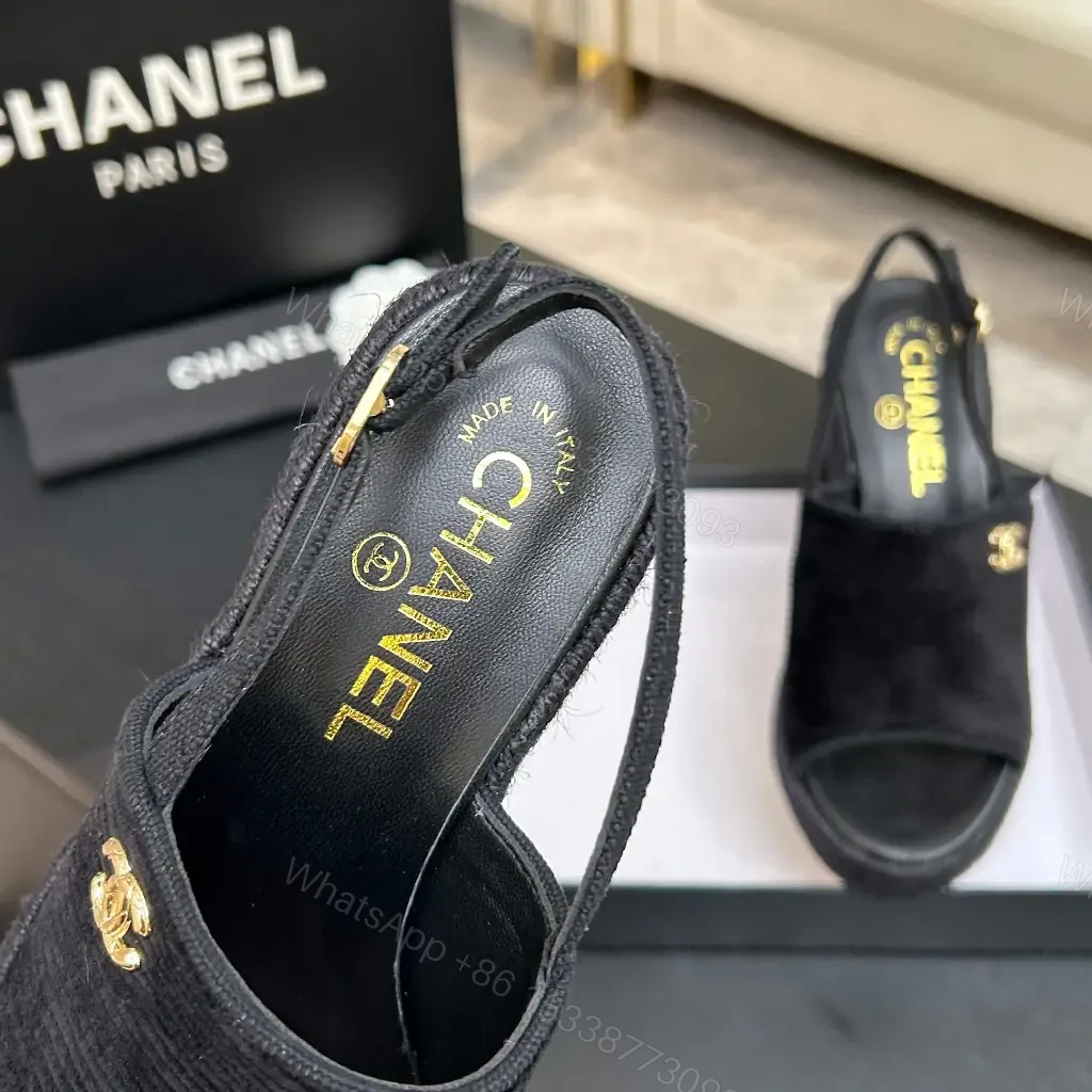 View 3 of Chic Black Textured Slingback Sandals with Gold Logo
