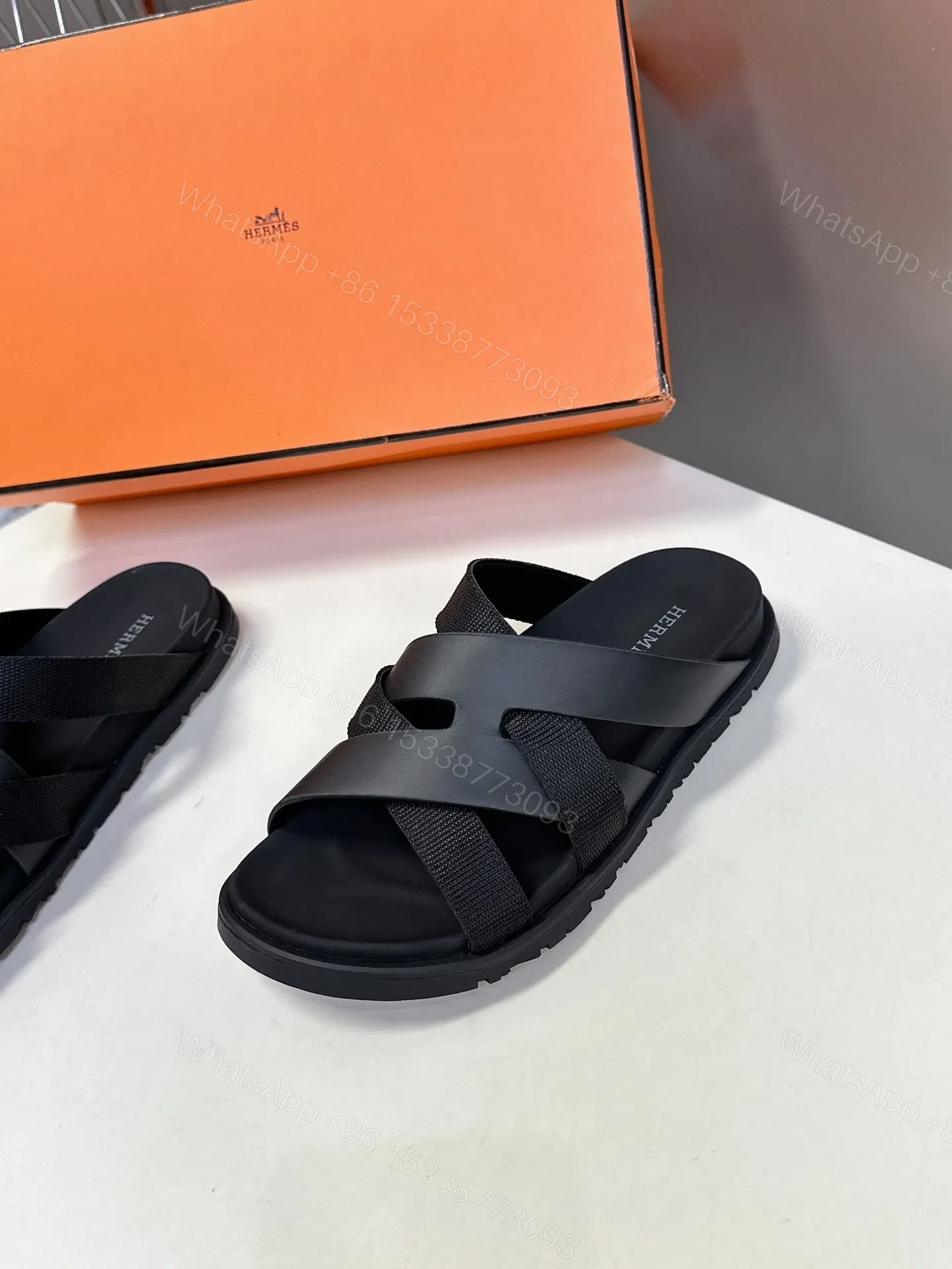 View 4 of Hermes Women Black Leather And Fabric Sandals