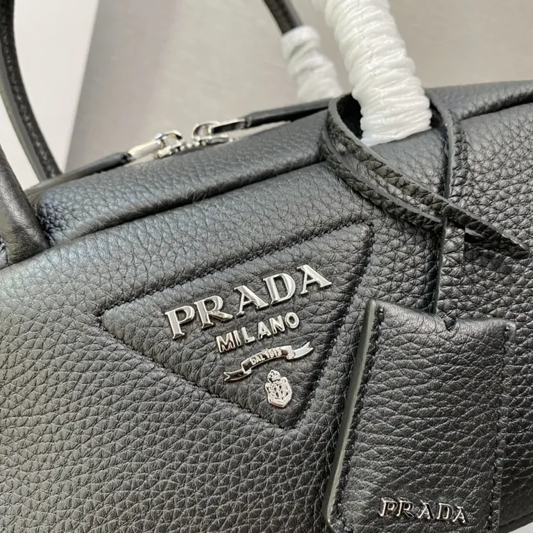 View 5 of Prada Black Mini Top-Handle Bag with Striped Strap