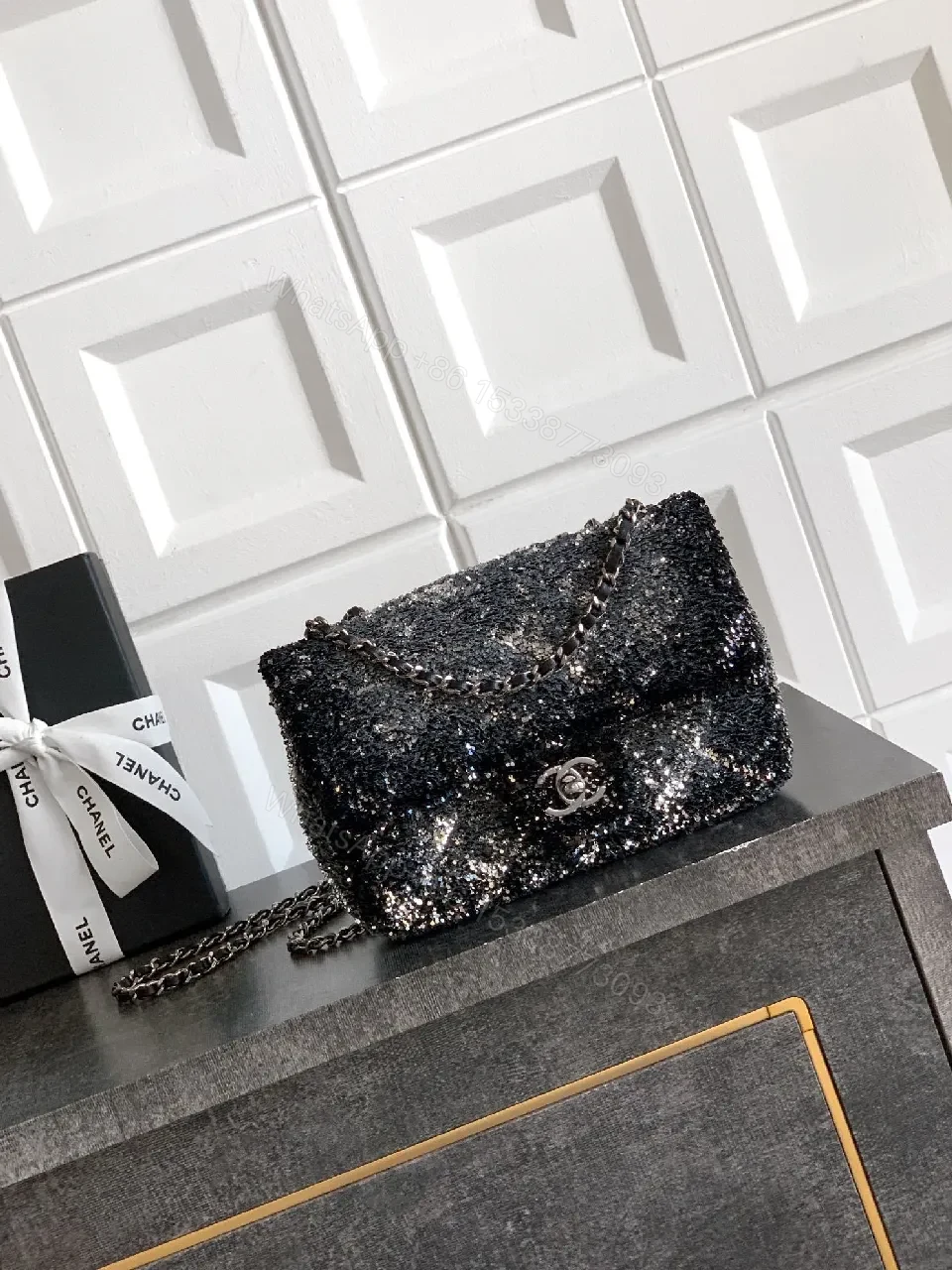 Glossy Night Out Bag: Sequin-Quilted Chain-Top Shoulder Bag — view 1