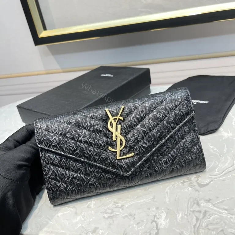 Sleek Black Pebbled Leather Envelope Wallet - YSL Signature — view 1
