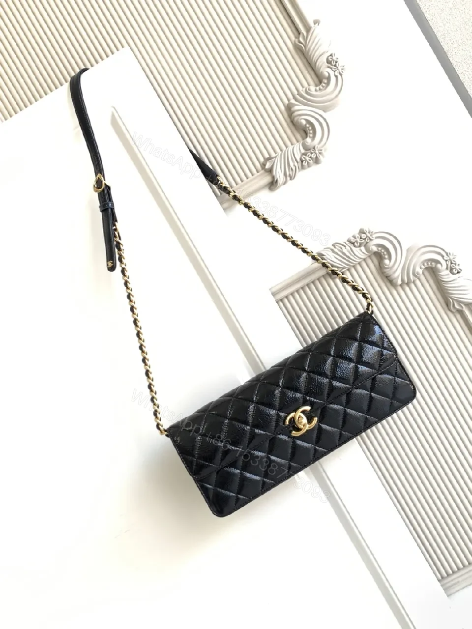 View 9 of Quilted Black Bag with Gold Hardware, Compact Shoulder Style