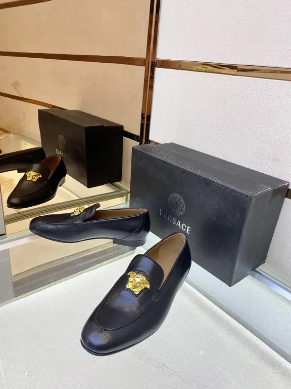 View 8 of Navy Calfskin Loafers + Gold Medusa Buckle â€” Versace-Inspired Luxury