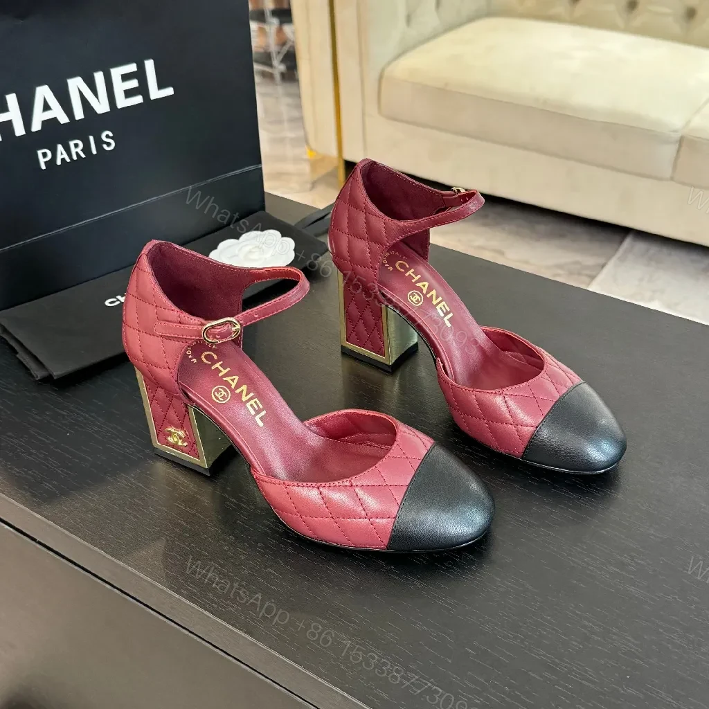 View 5 of Two-Tone Burgundy Quilted Mary Jane Heels with Black Cap Toe