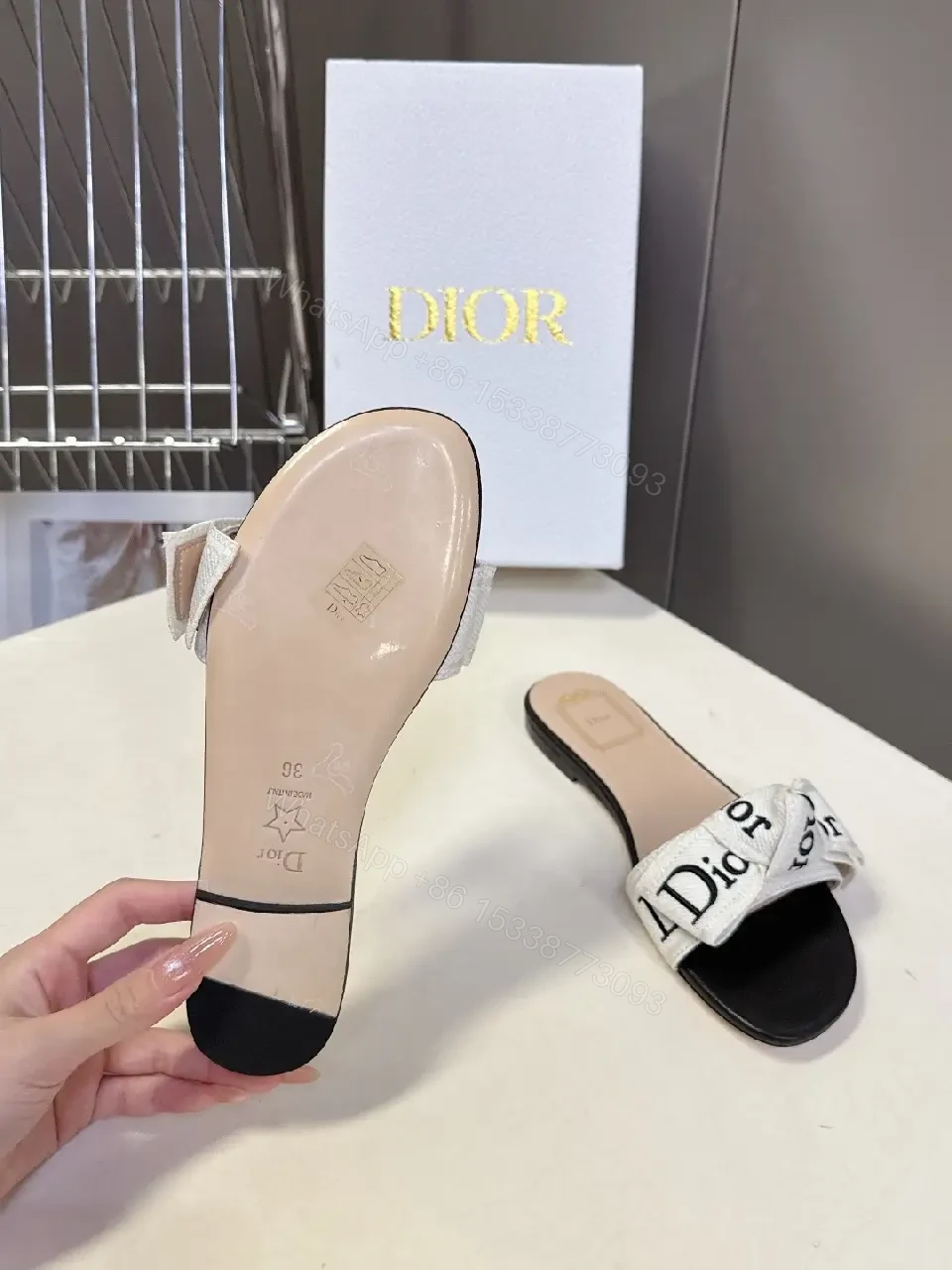 View 8 of White Fabric Slide Dior Logo Sandals