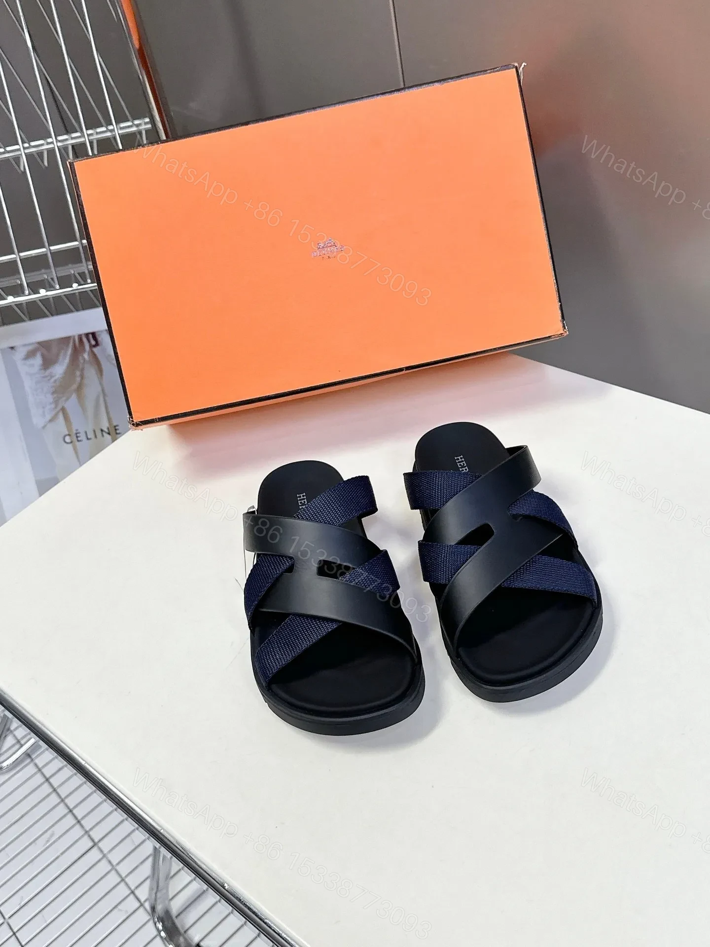 Hermes Women Navy Blue Leather And Fabric Sandals — view 1