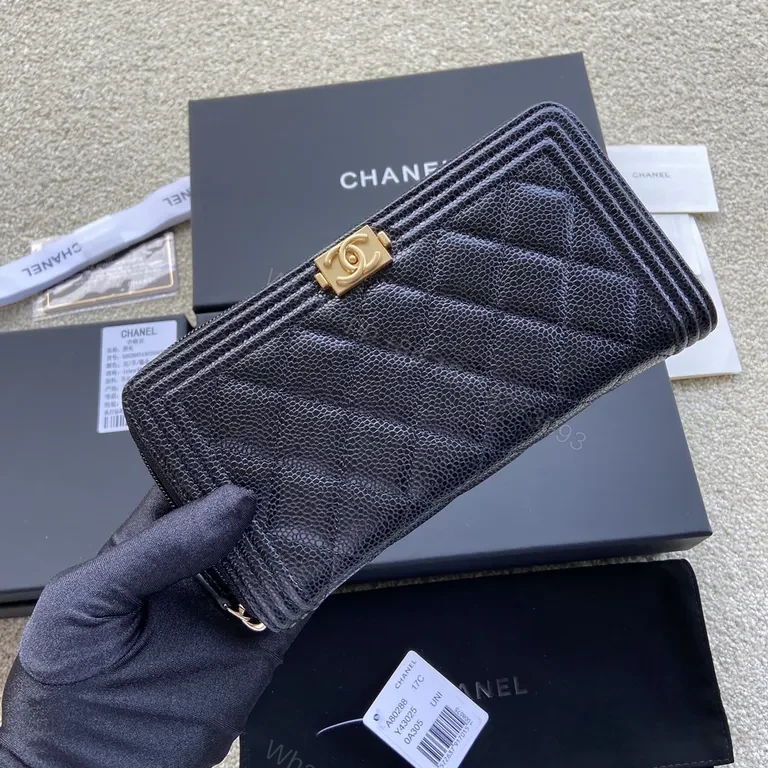 View 6 of Chanel-Inspired Quilted Leather Wallet with Gold Logo