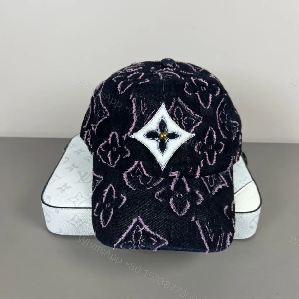 View 3 of Textured Pattern Cap: Navy Denim, Pink Stitch, Luxury Flair