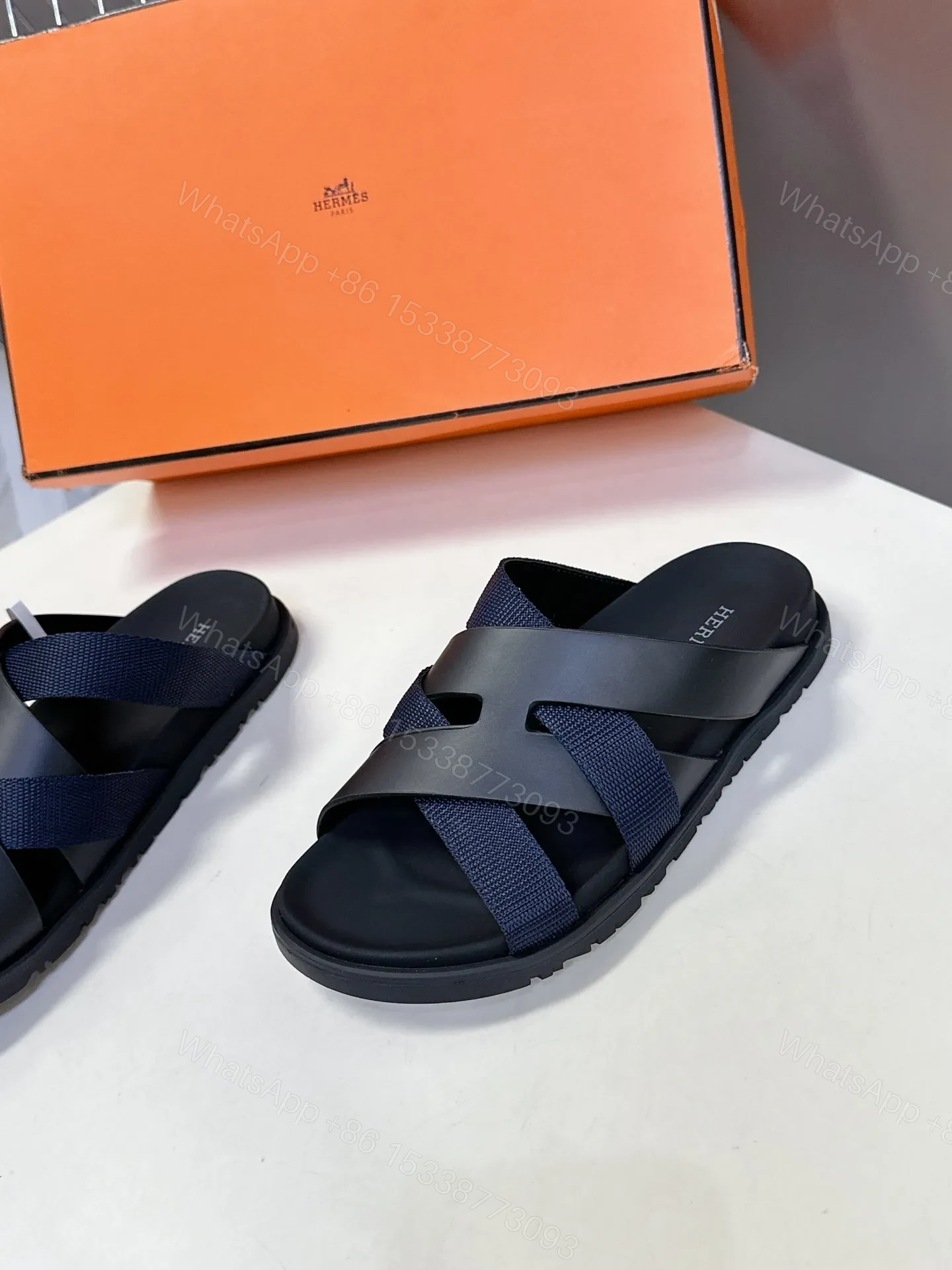 View 4 of Hermes Women Navy Blue Leather And Fabric Sandals