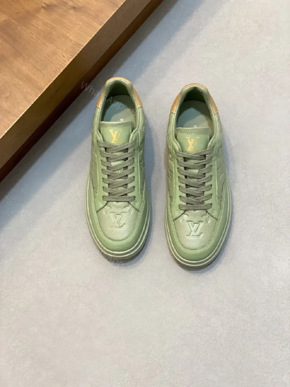 View 7 of Green Leather Sneaker: Subtle Monogram, All-Day Comfort, Modern Style