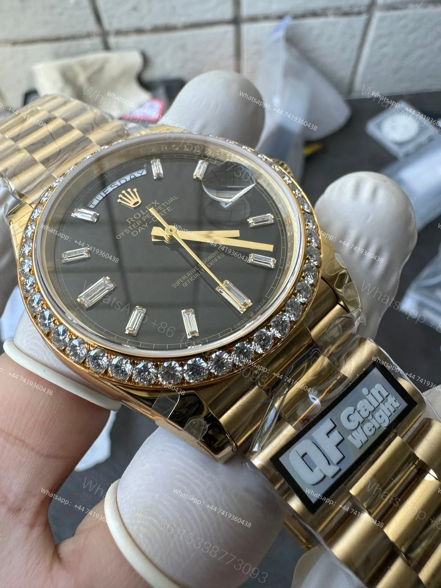View 2 of Rolex Day-Date M228348RBR-0001 1:1 Replica Moissanite Diamond Bezel Black Dial 40MM 3255 Movement Super Clone Watch