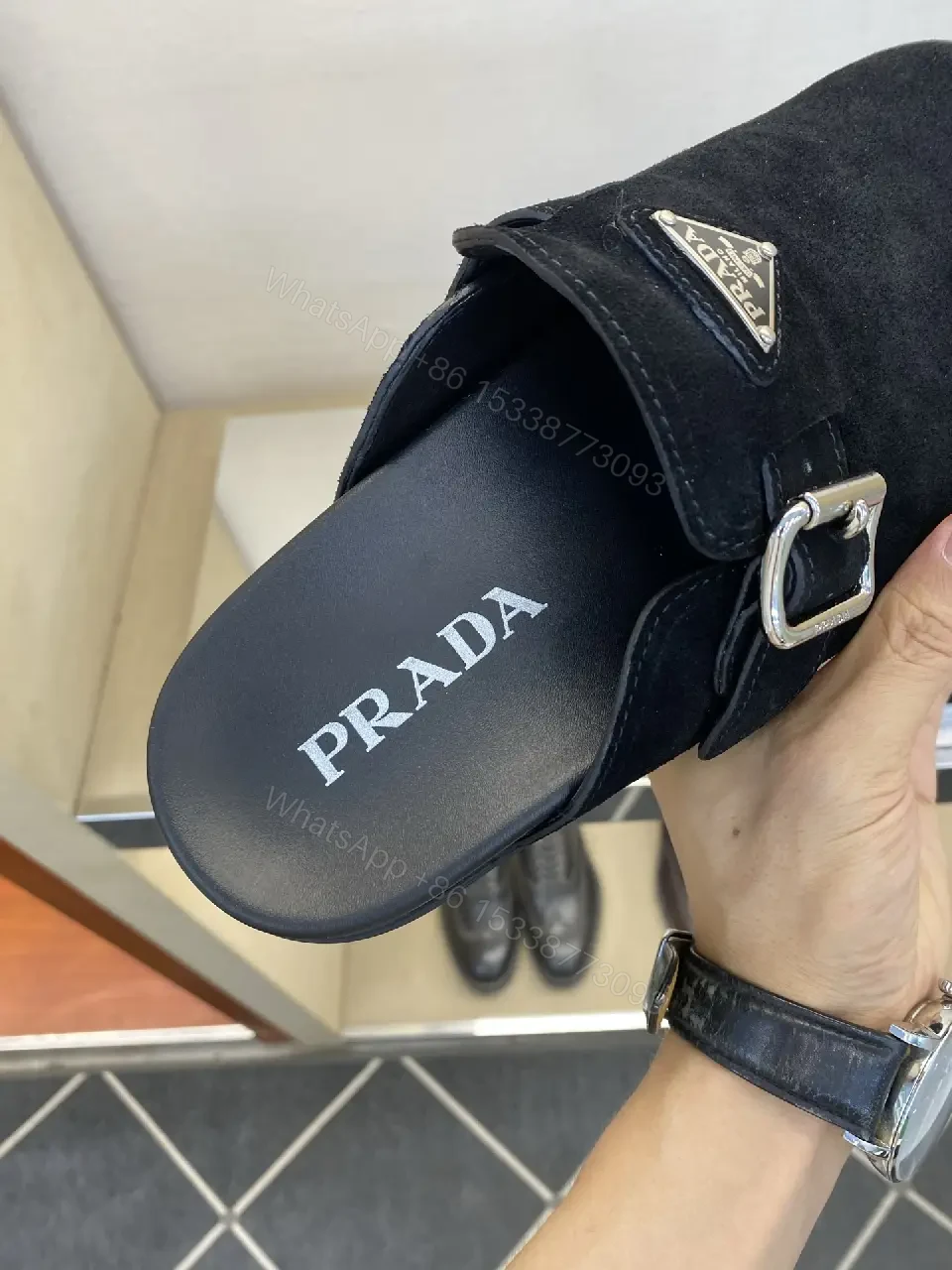 View 7 of Black Suede Prada Mule Slippers with Silver Buckle