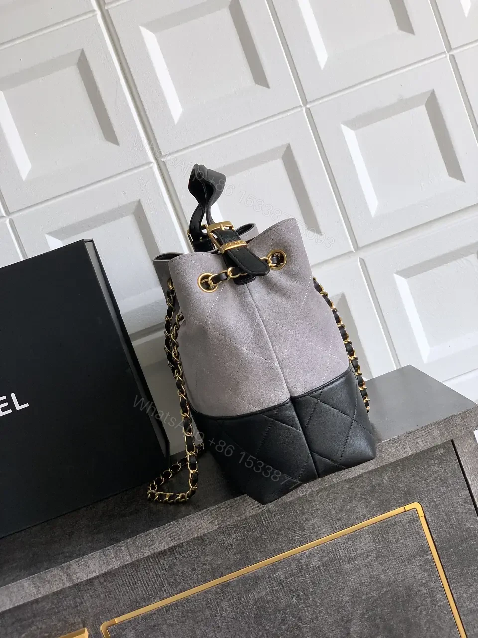 View 6 of Two-Tone Taupe/Black Quilted Tote with Gold Chain Strap