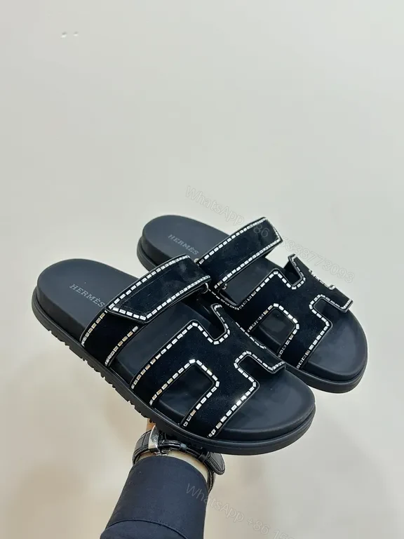 View 4 of Hermes-Inspired Black Slides with Geometric Stitch Detailing