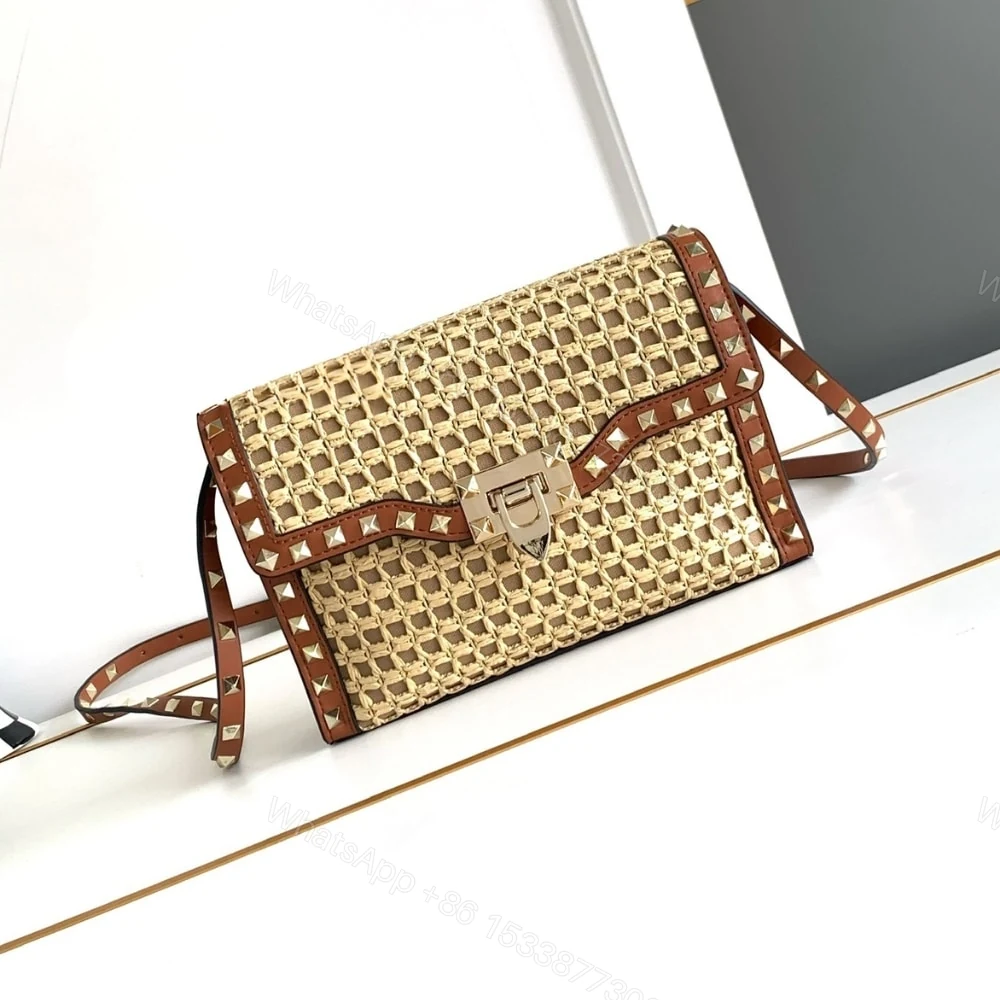 View 2 of VALENTINO GARAVANI ROCKSTUD SMALL RAFFIA SHOULDER BAG NATURAL 22CM