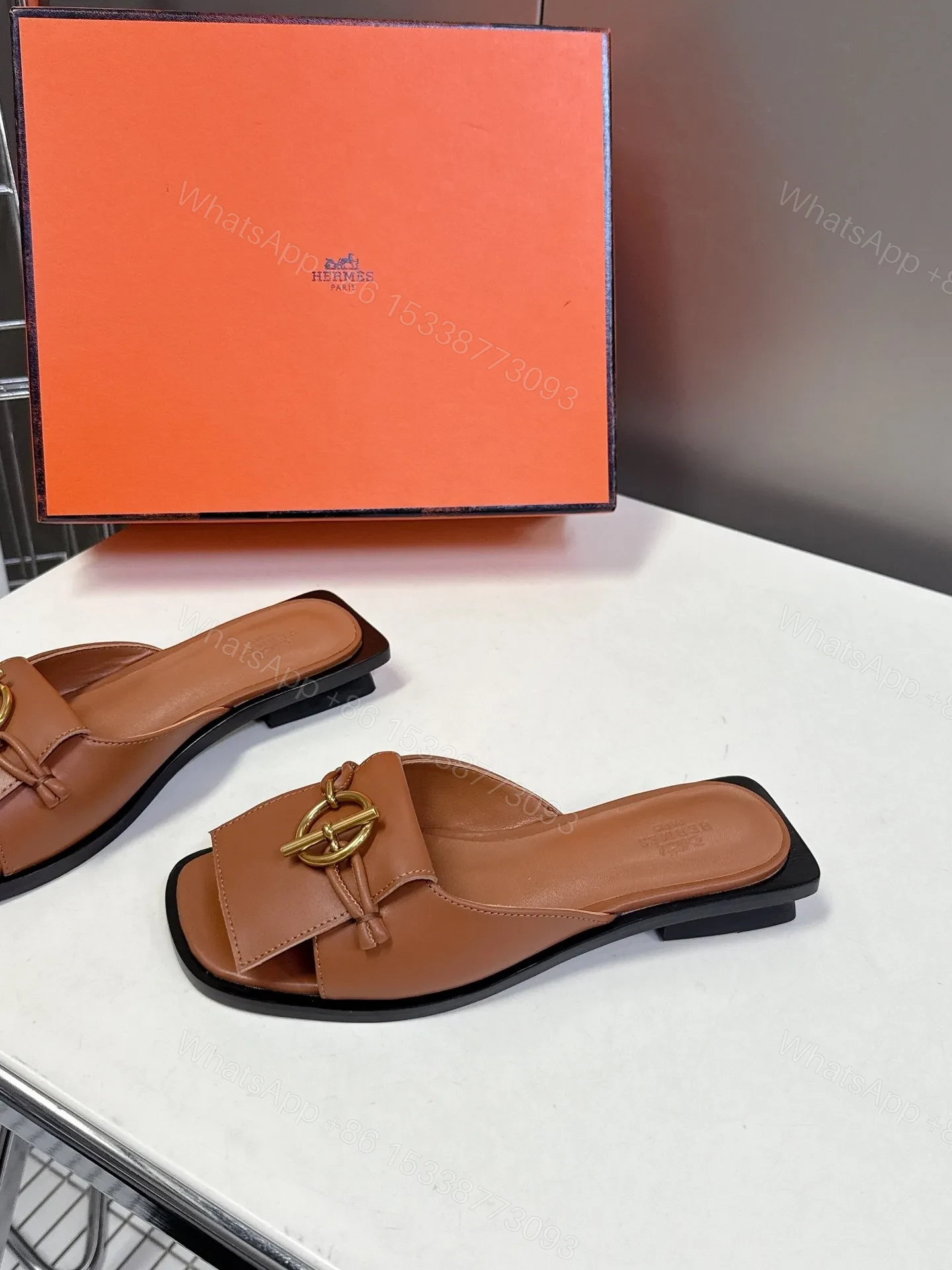 View 3 of Hermes Women Brown Leather Flat Mules