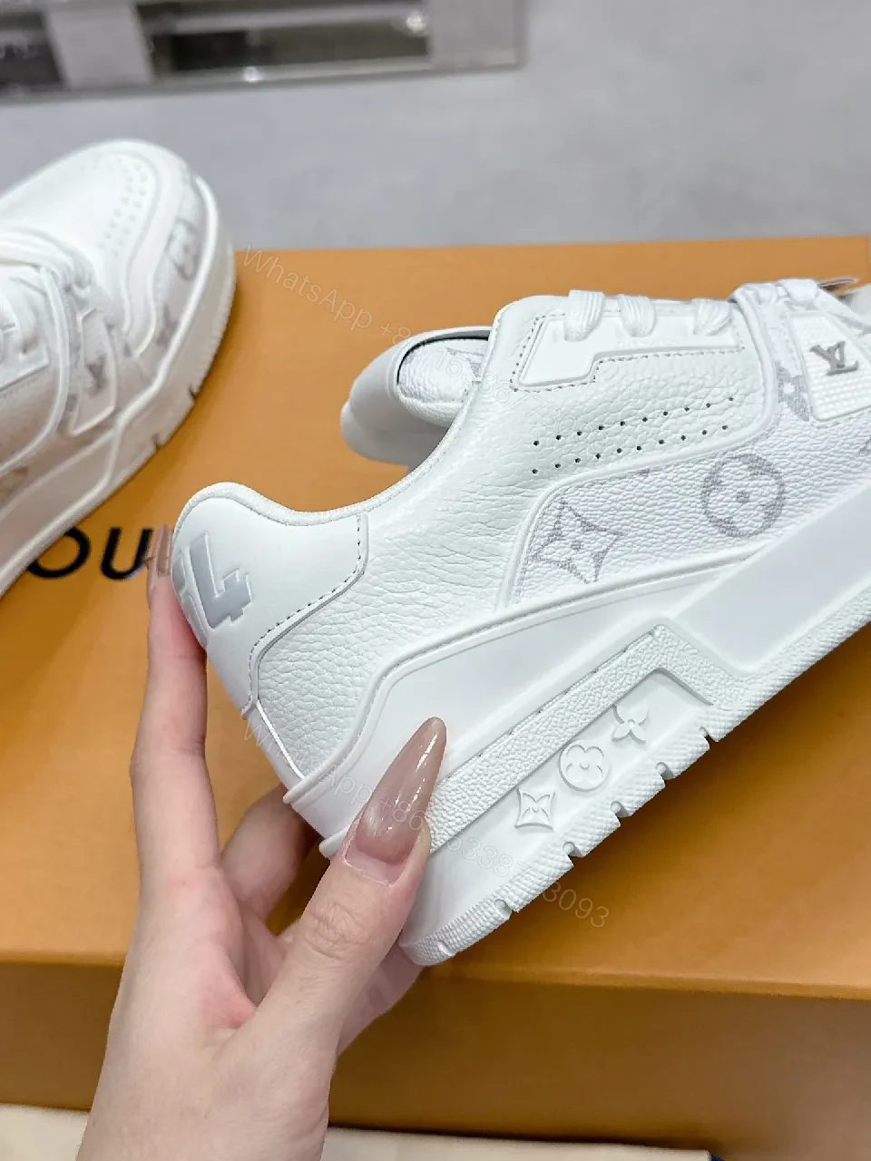 View 7 of Patterned White Leather Luxury Sneakers with Monogram Details