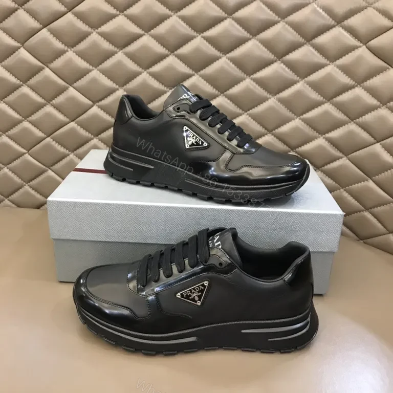 View 3 of Prada Black Leather Patent-Panel Sneakers, Discreet Luxury