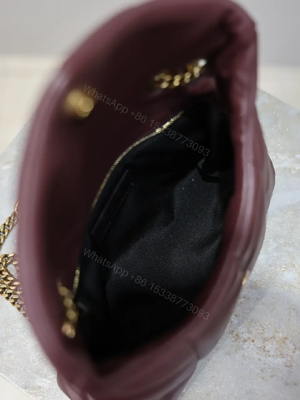 View 3 of Quilted Burgundy Leather Shoulder Bag with Gold Hardware