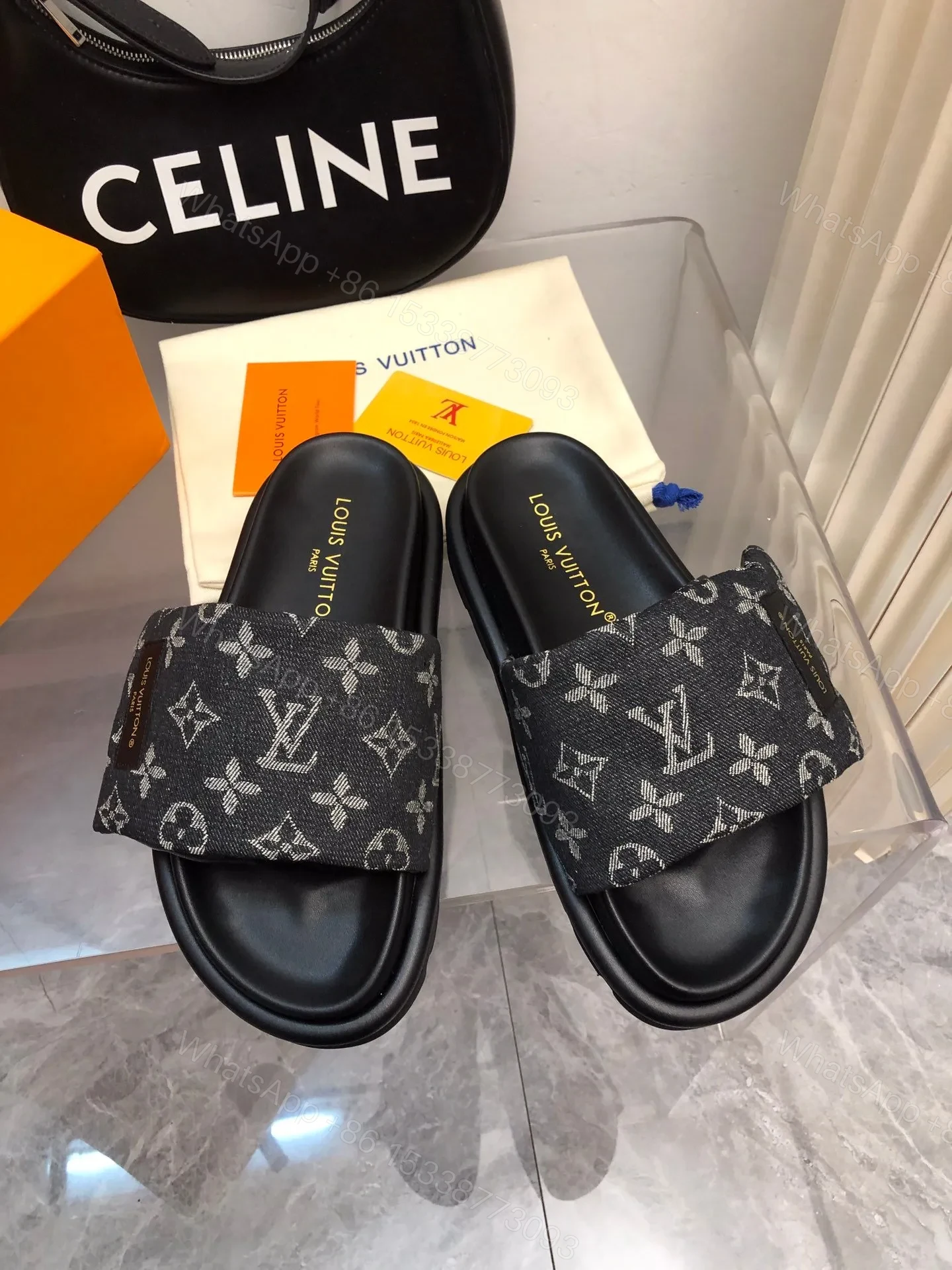 View 3 of LV Women Black Canvas Monogram Slide Sandals