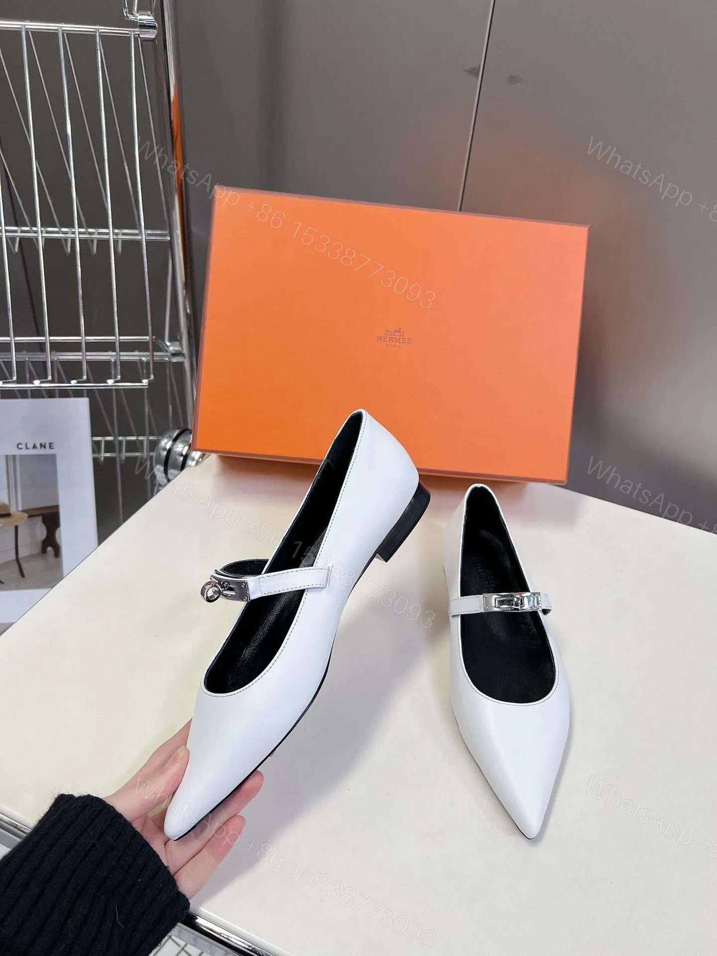 View 5 of Hermes Women White Leather Pointed Mary Jane Flats