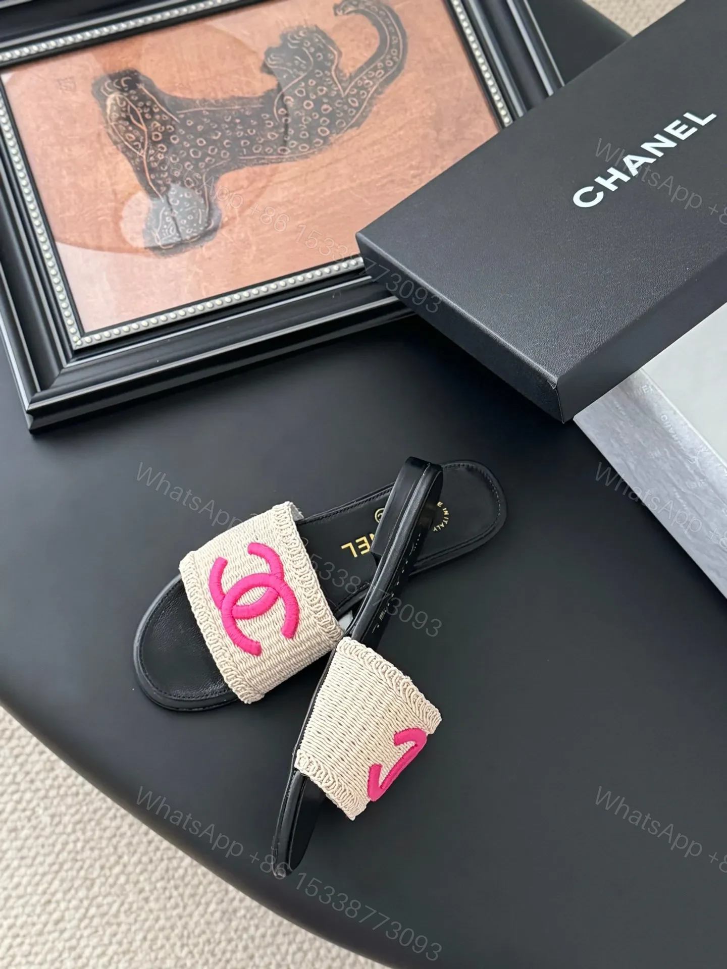 View 3 of Chanel Women Black Leather And Beige Fabric Slides