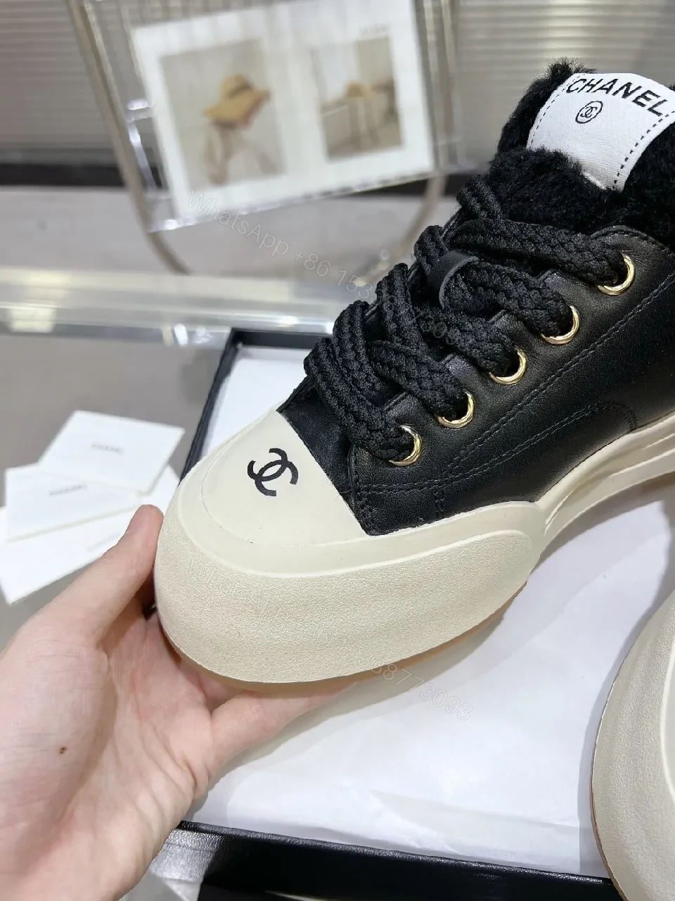 View 2 of Cream Knit-Chanel Inspired High-Tops with Plush Collar