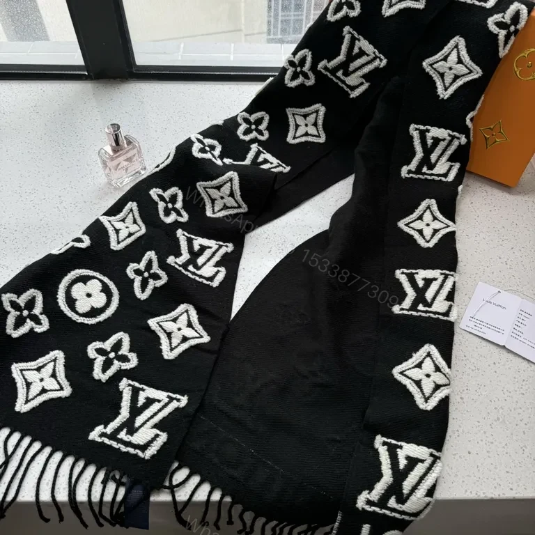 View 4 of Lux Black Knit Scarf: LV-Inspired Monogram, White Stitch, Fringed