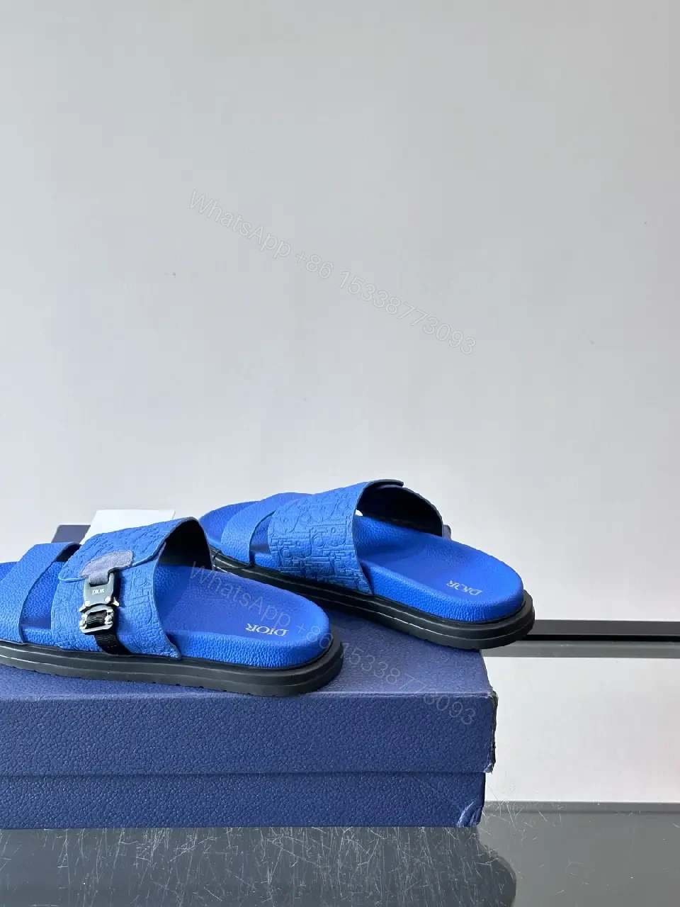 View 9 of Blue Embossed Slide Sandals with Buckle - Dior Inspired Sm?