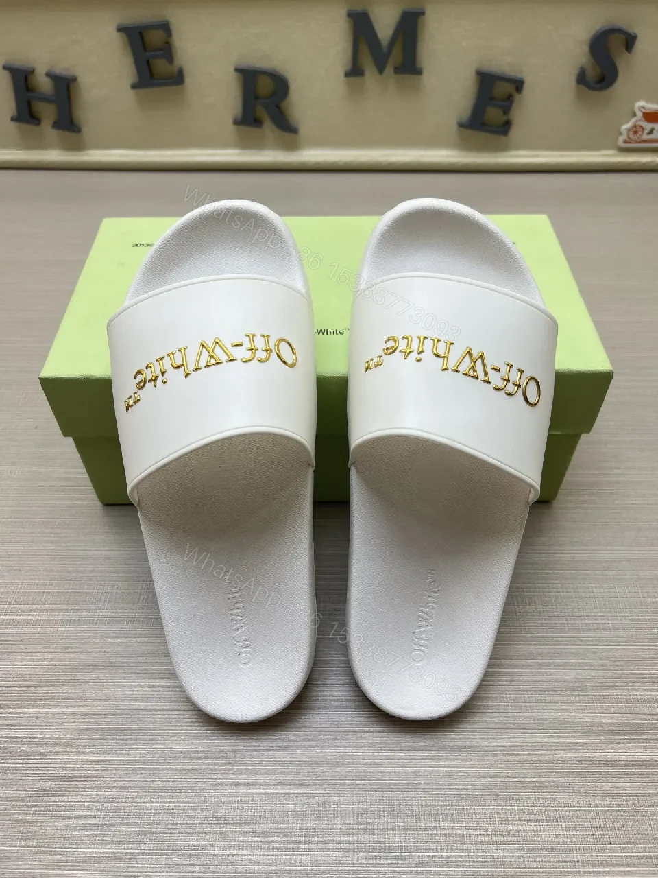View 4 of White Slide Sandals: Gold-Embroidered Logo, Luxe Minimalist Comfort