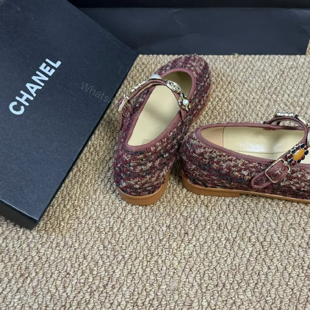 View 5 of Tweed Ballet Flats with Embellished Strap - Luxe Comfort Flats