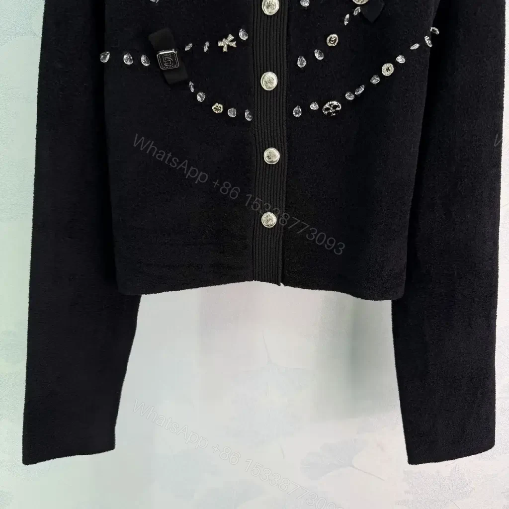 View 3 of Black Knit Cardigan with Crystal Embellishments - Luxe, Cropped, Buttoned