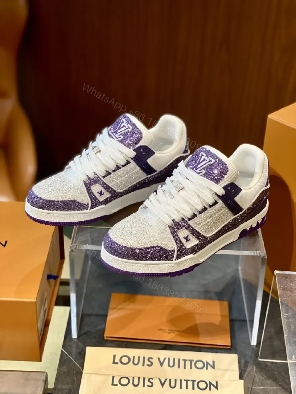 View 3 of Glitter-Accent Leather-Top High-Top Sneakers