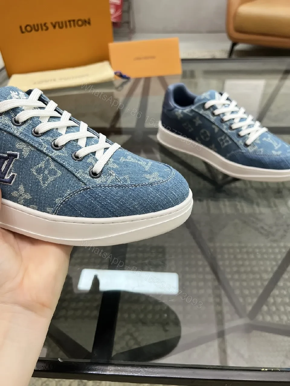 View 2 of Denim-Textured Luxury Sneakers with Monogram Embroidery