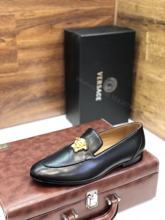 View 6 of Versace Black Leather Loafers with Gold Medusa Emblem