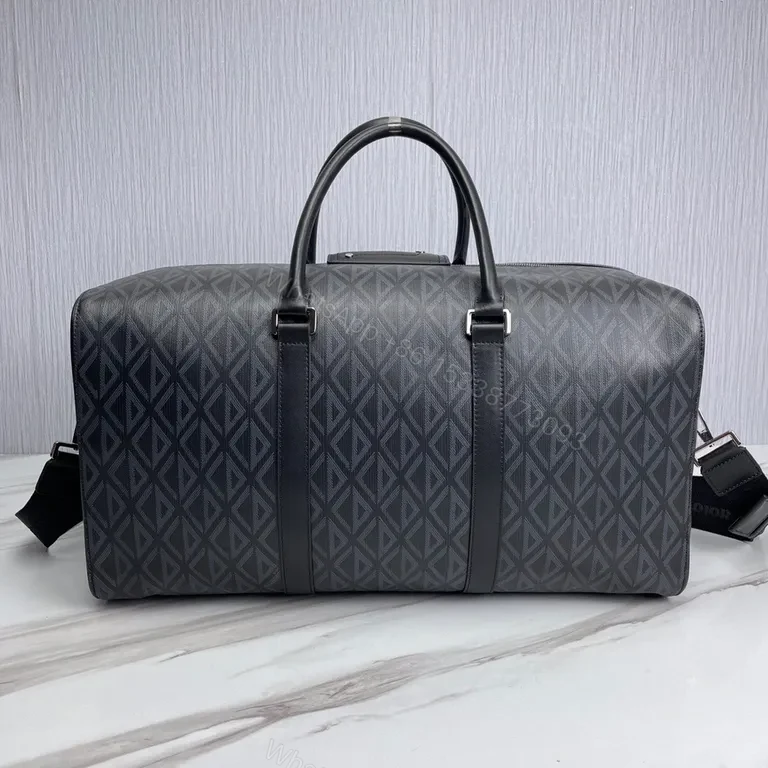View 4 of Black + Leather + Modern/Geometric + DIOR Insignia + Duffel Bag