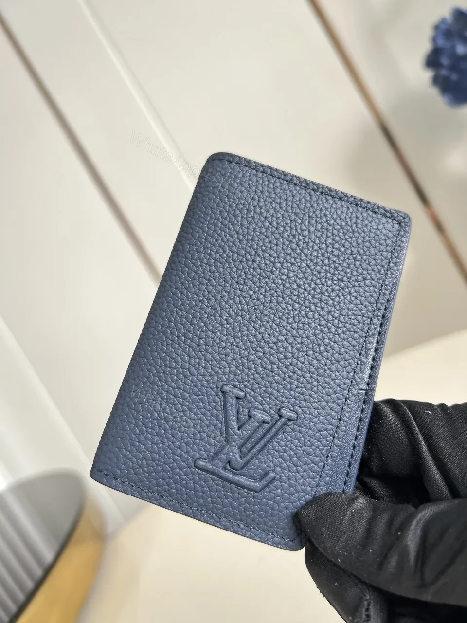 View 2 of Patterned Texture Wallet in Navy Leather - Compact, Durable, Minimalist