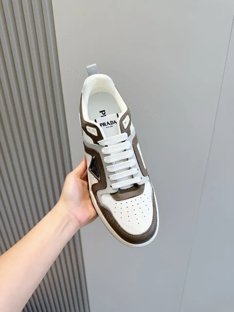 View 2 of White Brown Leather Sneaker with 3D Prada Logo, Lightweight Casual Shoes