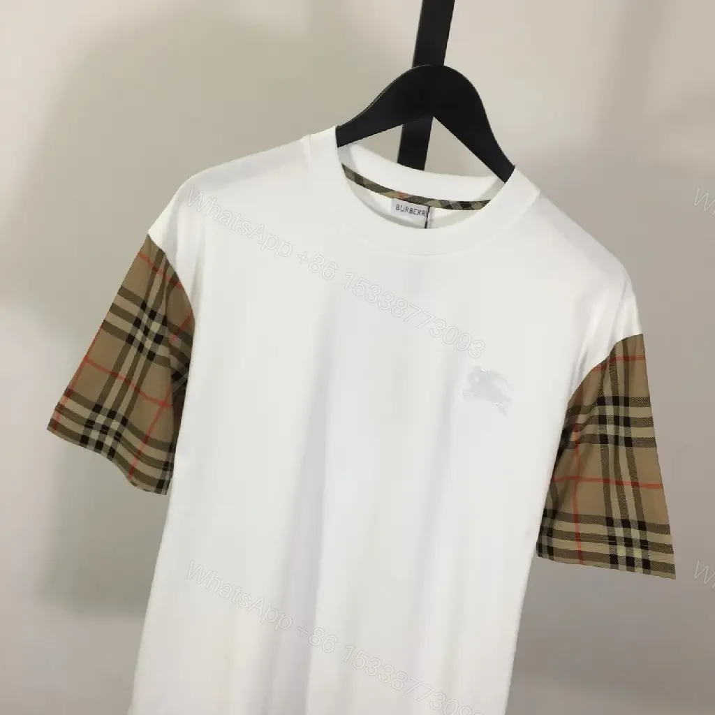 View 8 of White Tee with Burberry-Check Sleeves: Minimalist Luxury Top