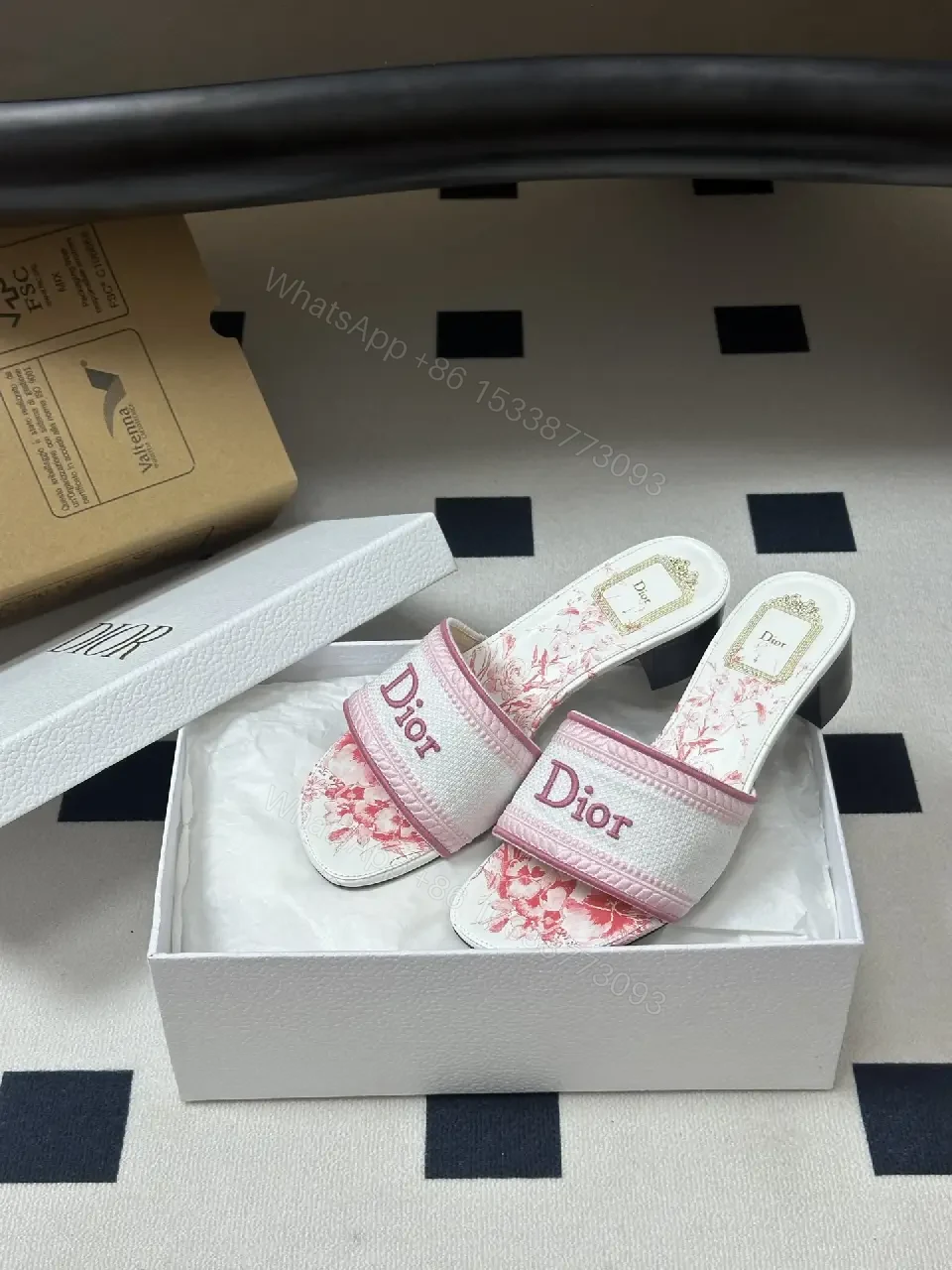 View 8 of pink and white monogram-patterned slide sandals with block heel for everyday luxury