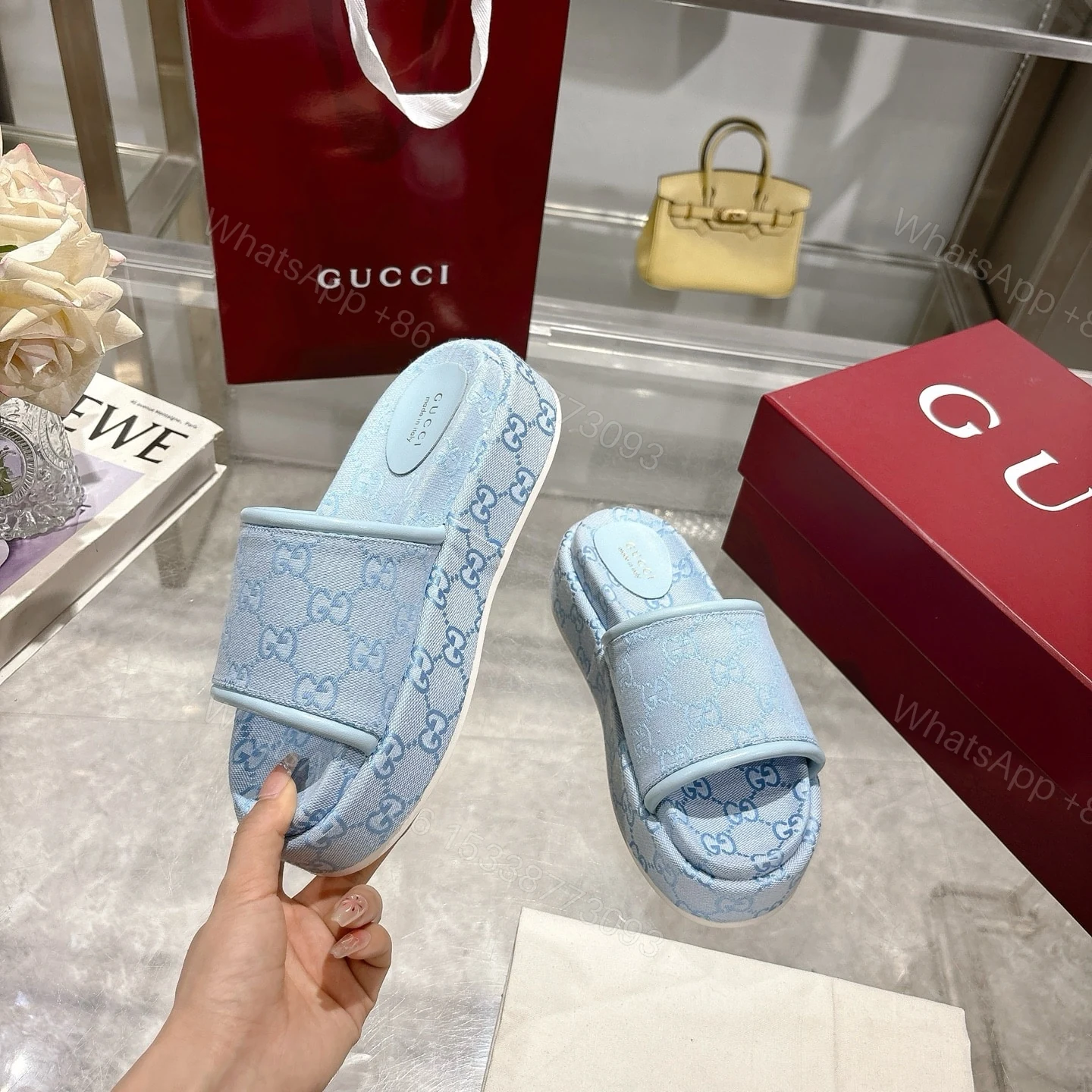 View 6 of GUCCI WOMEN’S GG PLATFORM SANDAL LIGHT BLUE ‎816797 FAD9D 4952